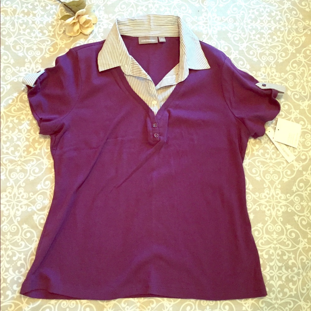 NWT Croft & Barrow Purple & White Collared Top XL